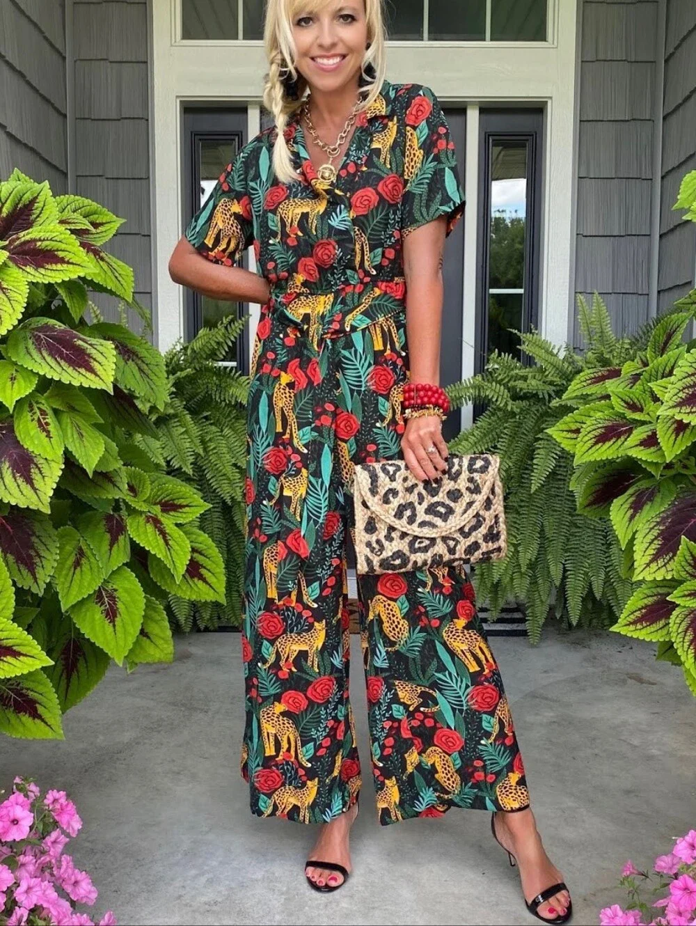 America Beyond Tropical Floral Roses + Leopard Paradise Jumpsuit